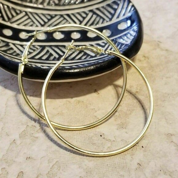 Modern Sleek Gold Plated Hoop Earrings 50mm 2" Diameter - Picture 1 of 2